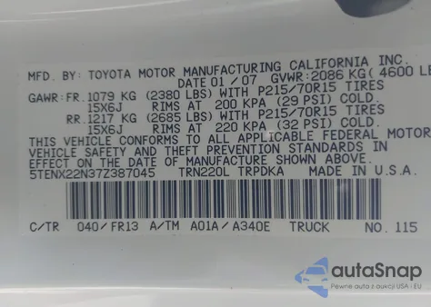 2007 Toyota Tacoma z USA, uszkodzony, nr VIN 5TENX22N37Z387045
